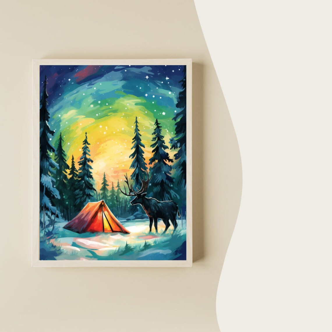 Lapland Winter Night Aurora Tent and Reindeer Watercolor Poster - Image 2