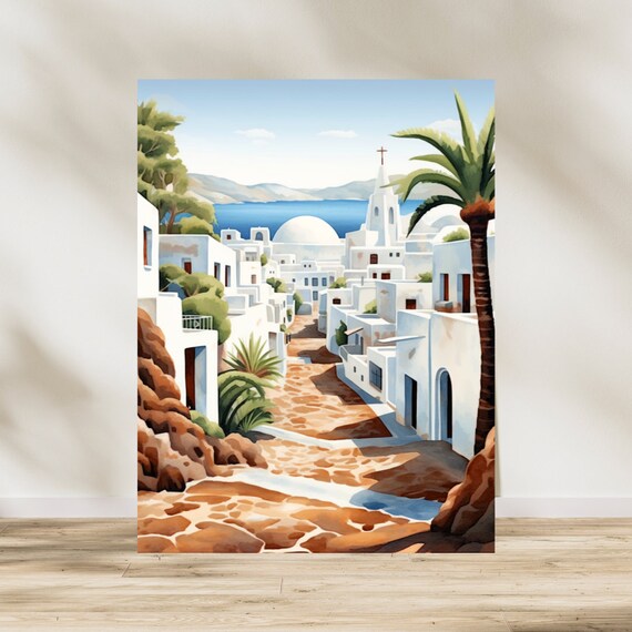 Whitewashed Mediterranean Coastal Village Church Sea Watercolor Art Print