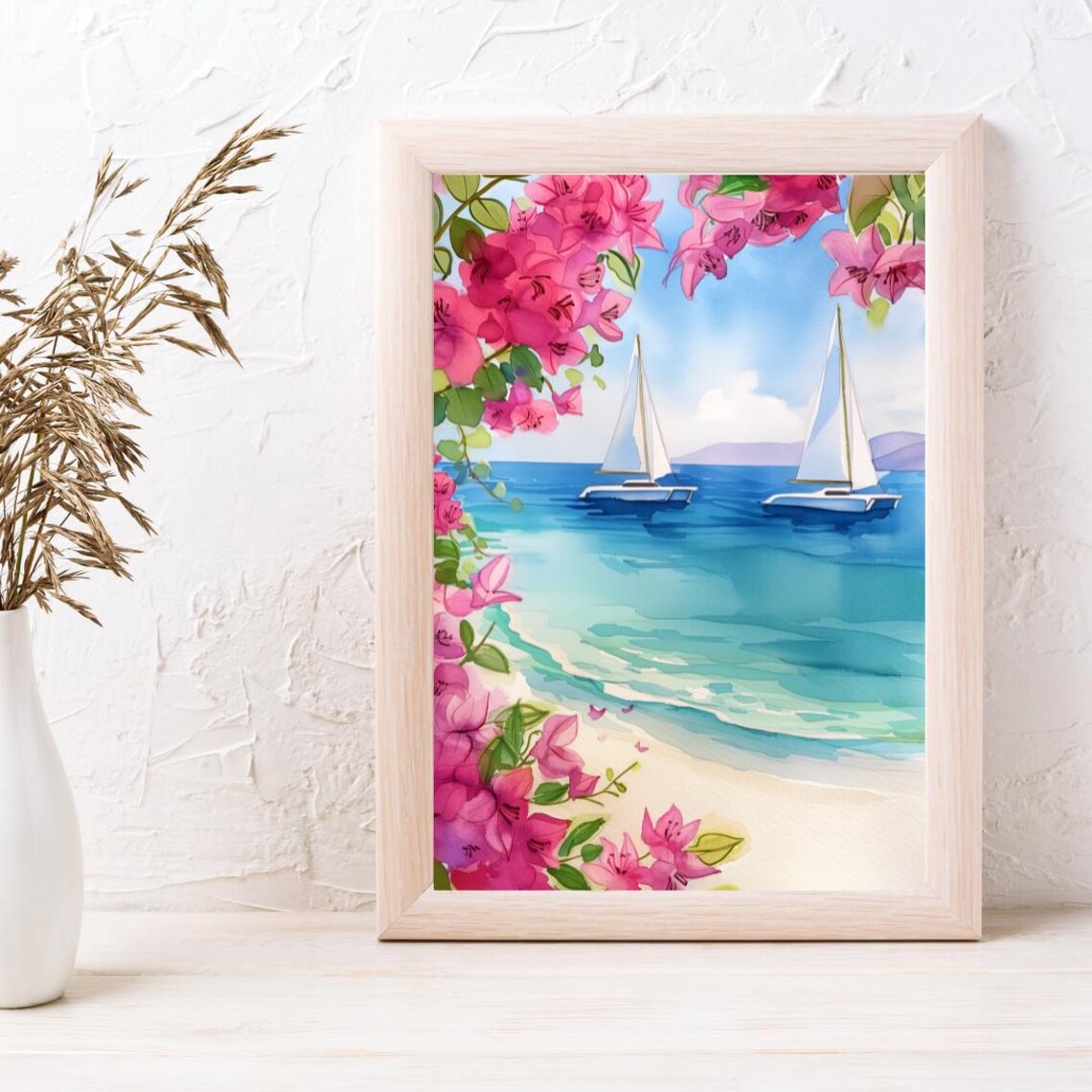 Twin Catamarans Anchored Under Pink Bougainvillea Watercolor Poster - Image 3