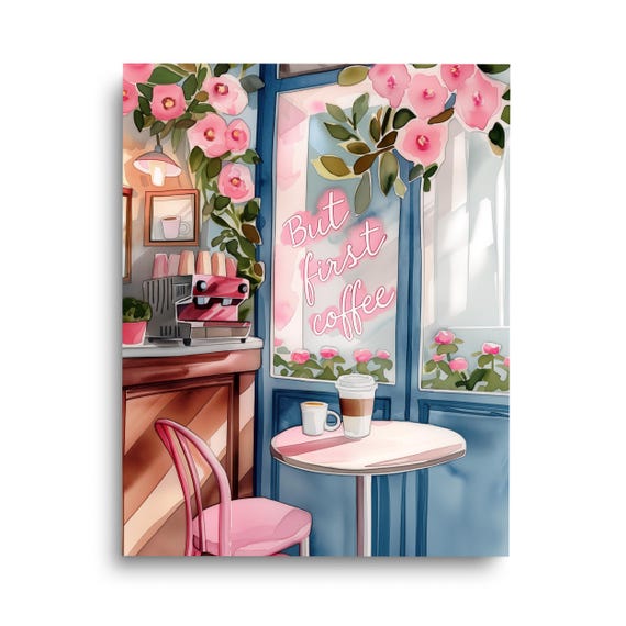 But First Coffee Watercolor Print Coffeeshop Wall Art Cafe Decor Kitchen Poster Gift Latte Cappuccino Barista Retro