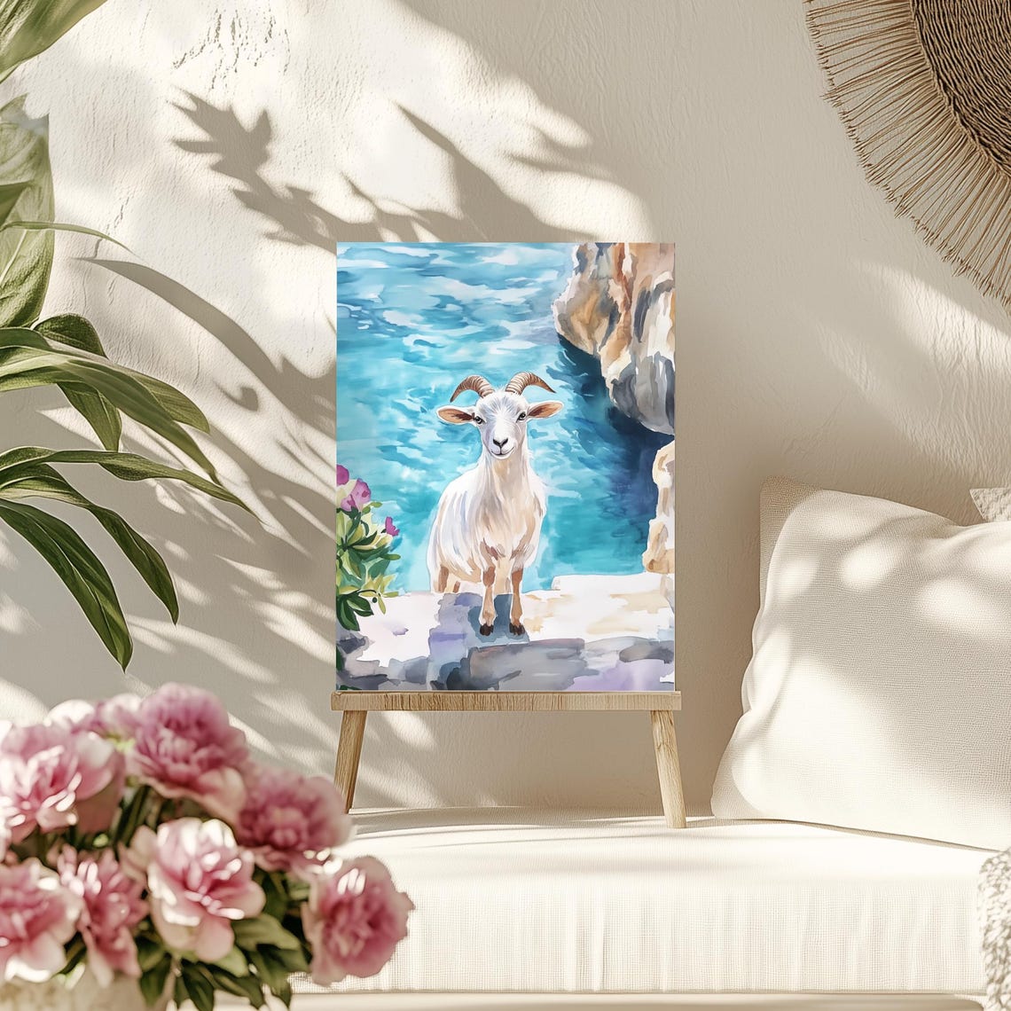 Cretan Kri Kri Goat by the Sea Watercolor Greece Island Poster