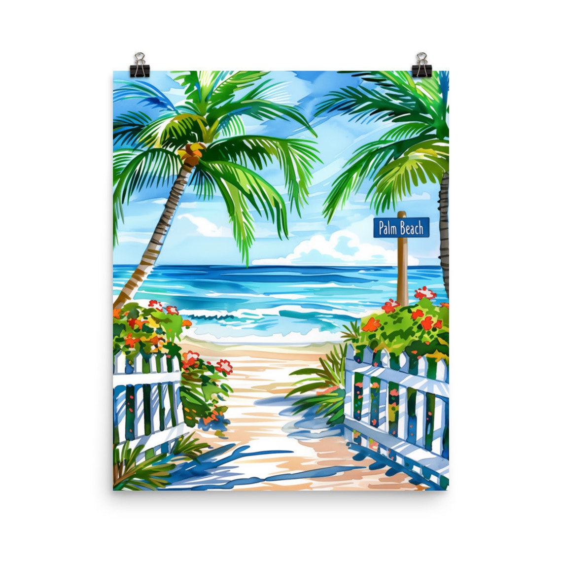 Palm Beach Sandy Path Tropical Palms Ocean View Watercolor Poster