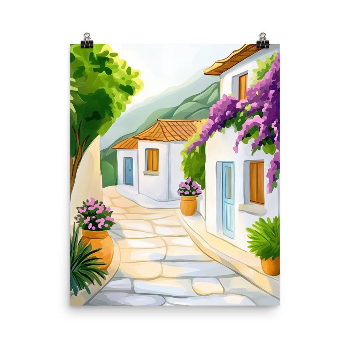 Hydra Whitewashed Alley with Bougainvillea Watercolor Poster