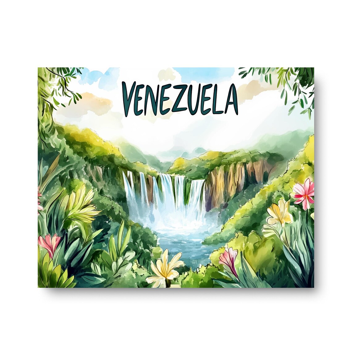 Venezuela Waterfall Tropical Jungle Watercolor Landscape Art Poster