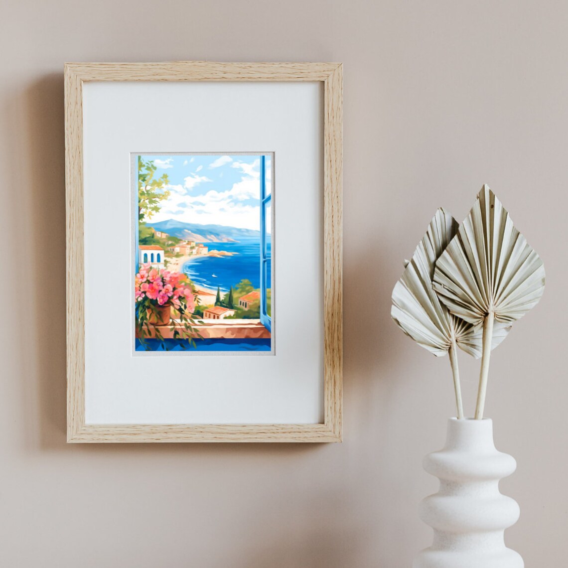 Corsica Bay View Through Blue Window Shutters Watercolor Poster - Image 2
