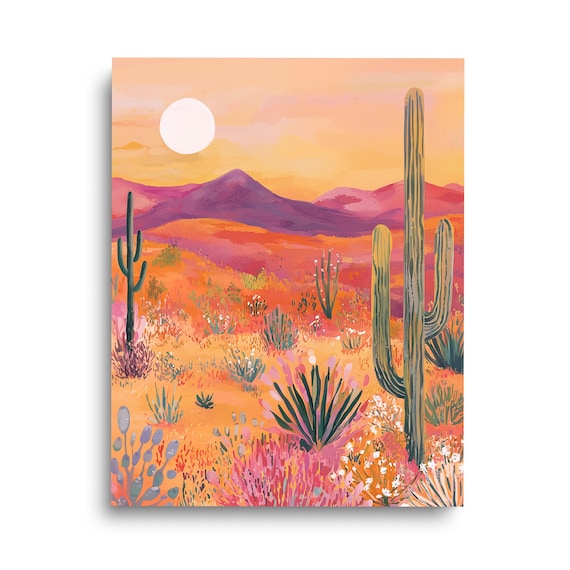 Western Desert Cactus Golden Sunset Orange Wildflower Watercolor Poster