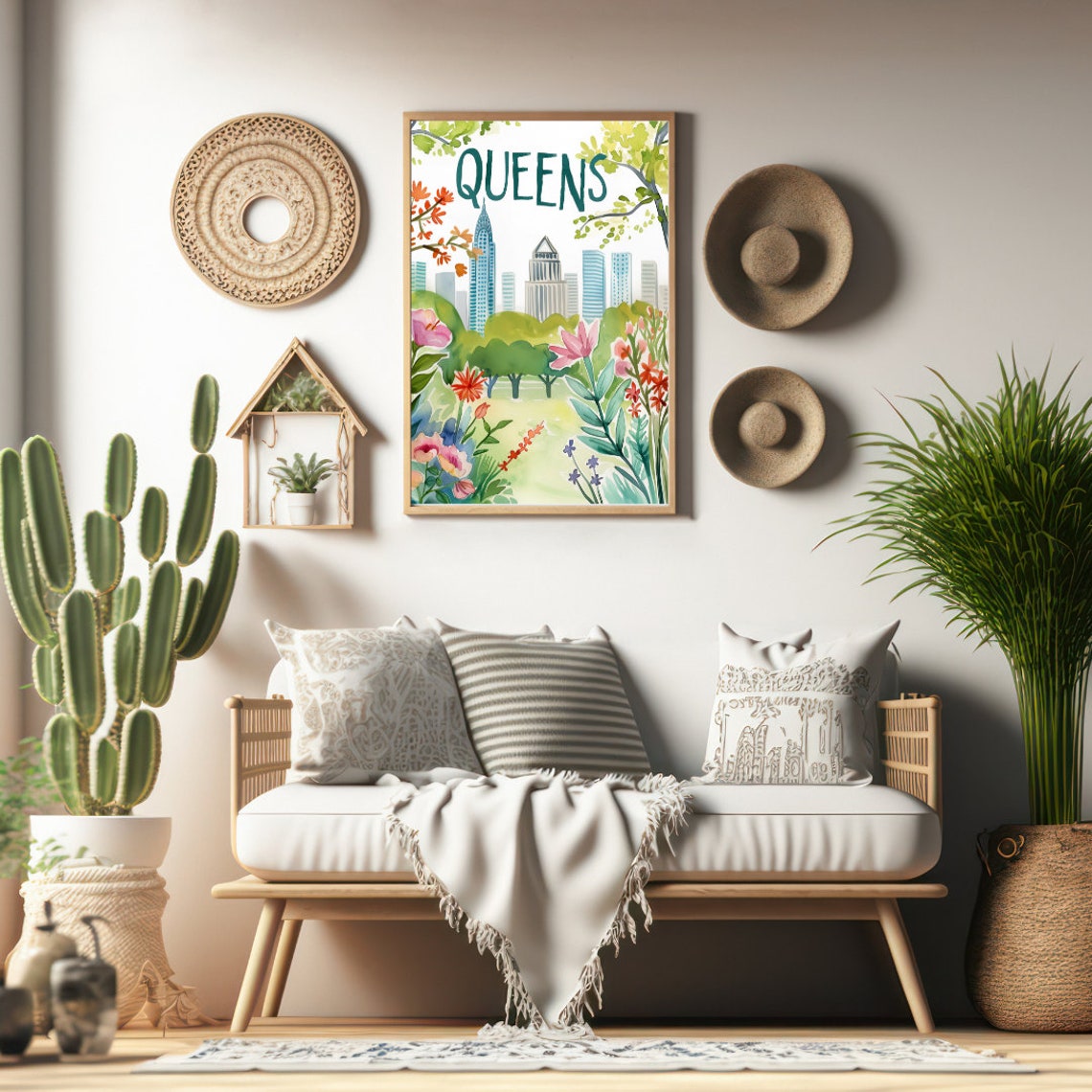 Queens Spring Garden Floral Skyline Watercolor New York Poster - Image 2