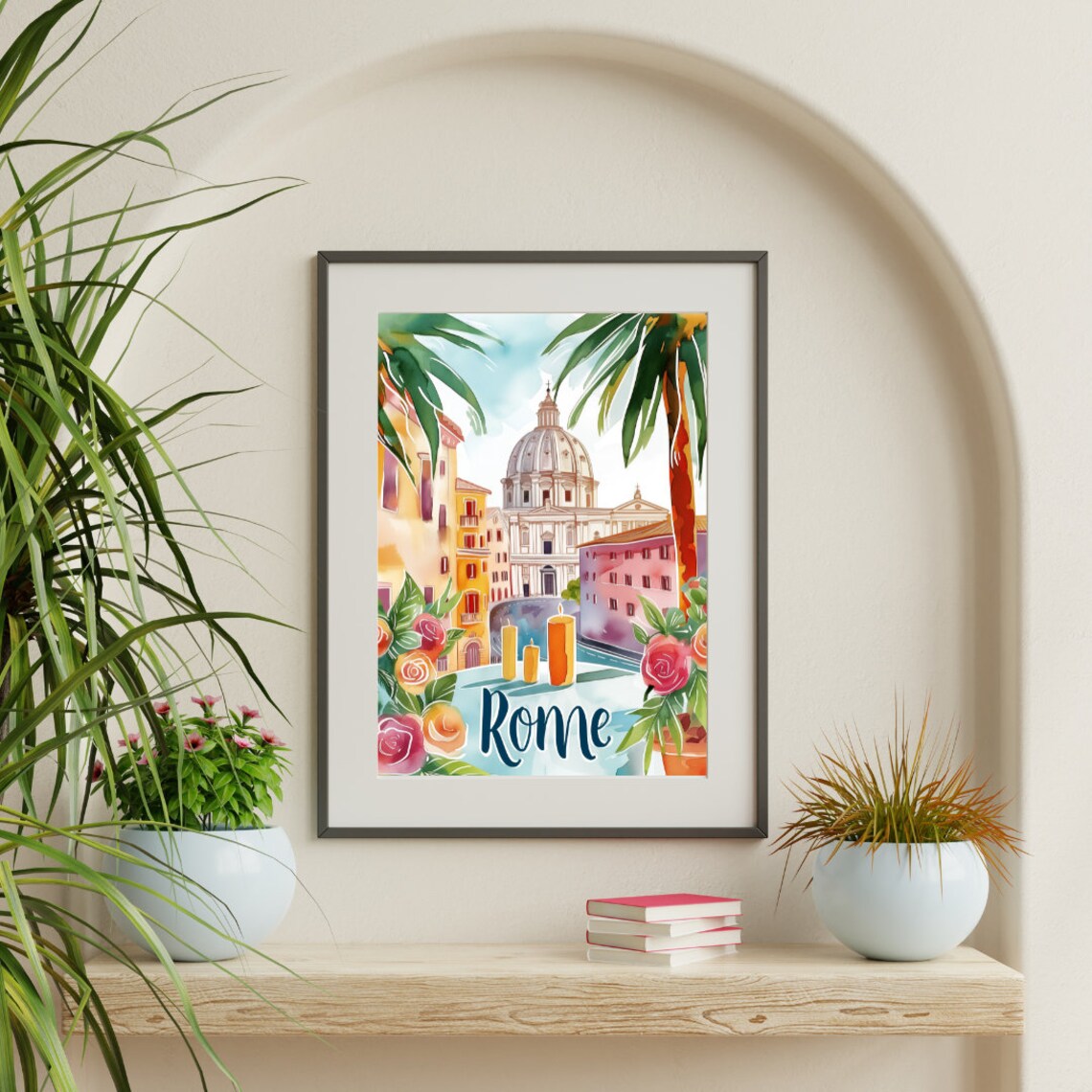 Rome St Peter's Basilica with Palms and Roses Watercolor Travel Poster - Image 2