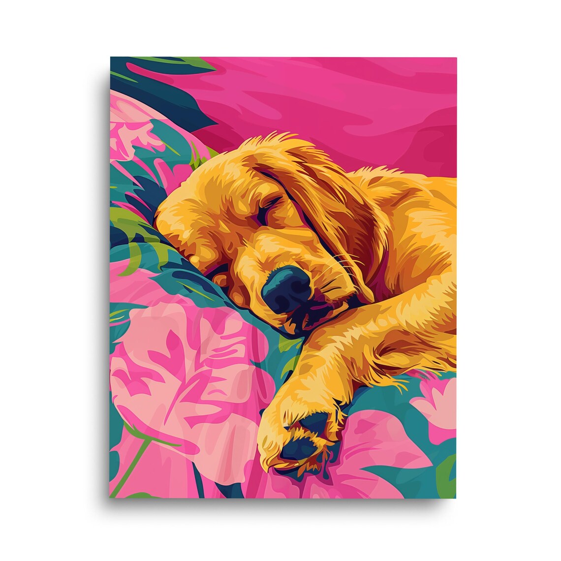 Sleeping Golden Retriever Puppy Colorful Pop Art Floral Dog Poster