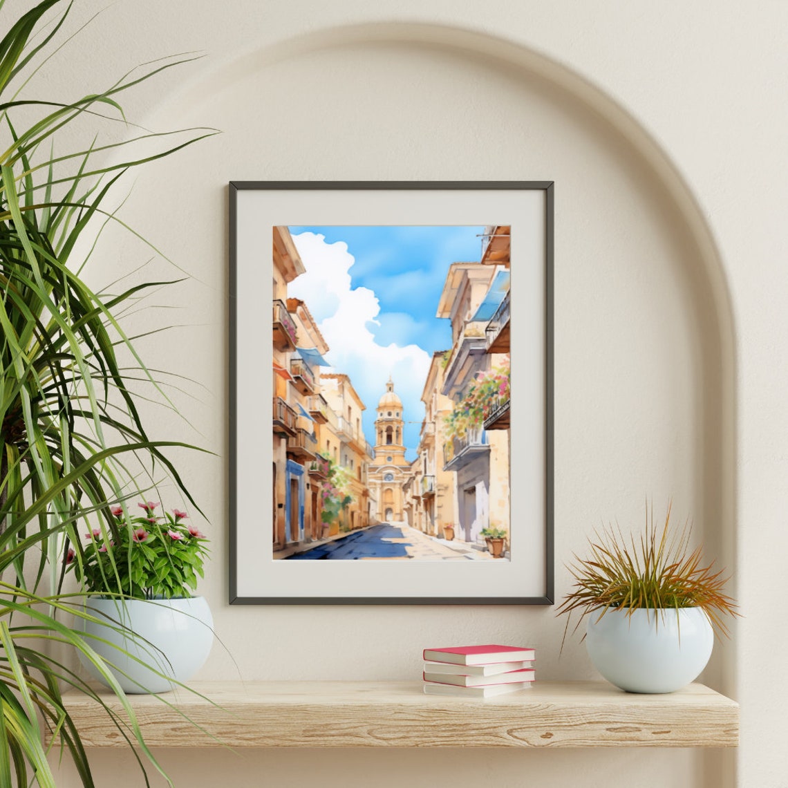 Palermo Sicily Flower Lined Street with Bell Tower Watercolor Poster - Image 3
