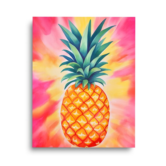 Vibrant Tropical Pineapple Watercolor Sunburst Kitchen Fruit Art Poster
