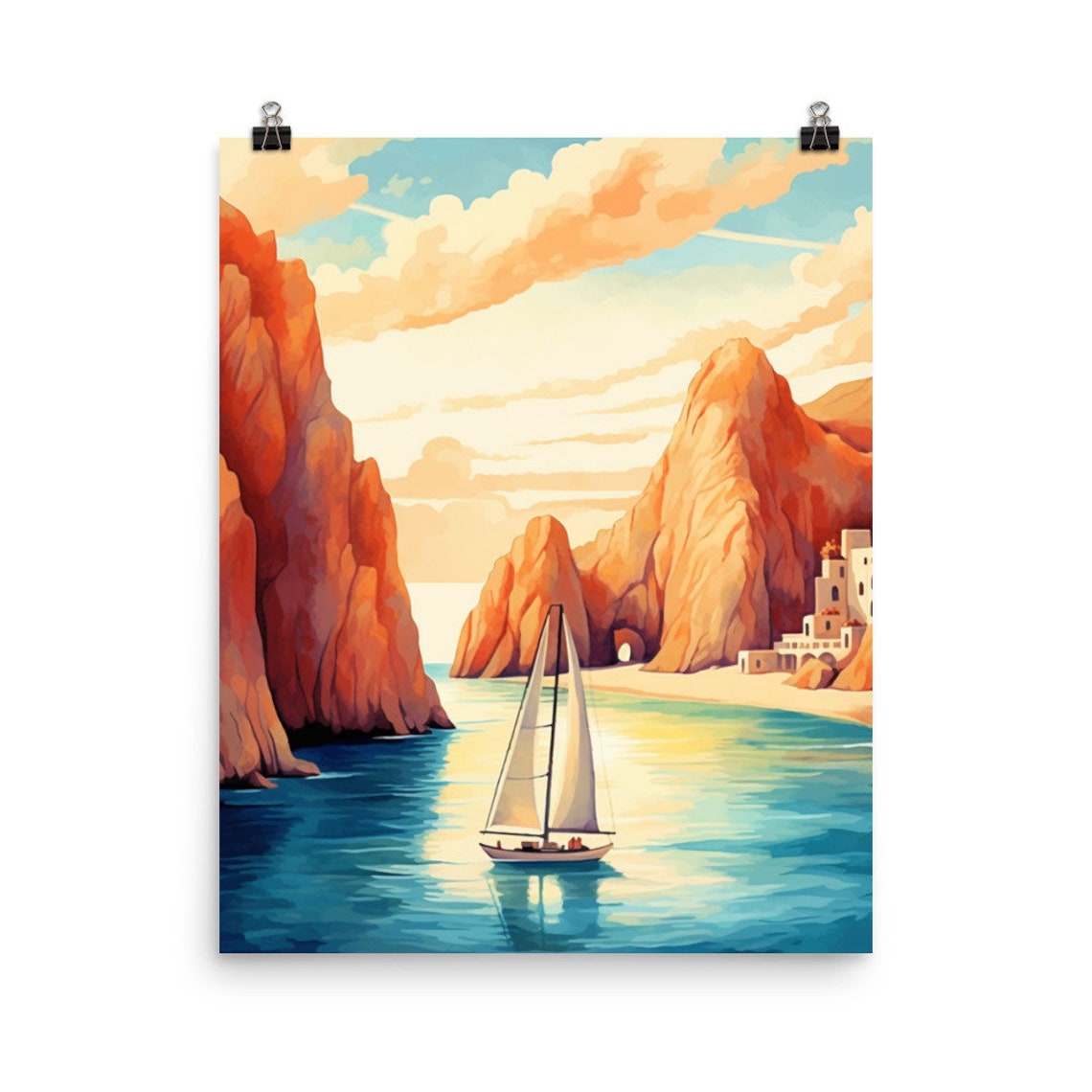 Sailboat Sailing Between Red Rock Cliffs Sea Arch Sunset Poster