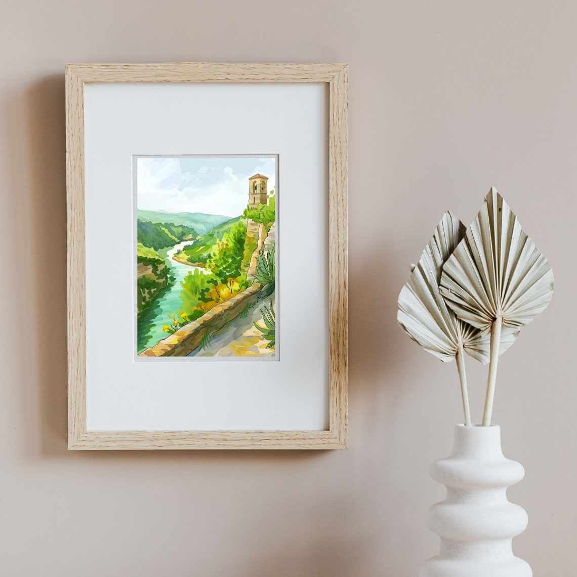 Siurana River Gorge Bell Tower Green Hills Watercolor Poster - Image 2