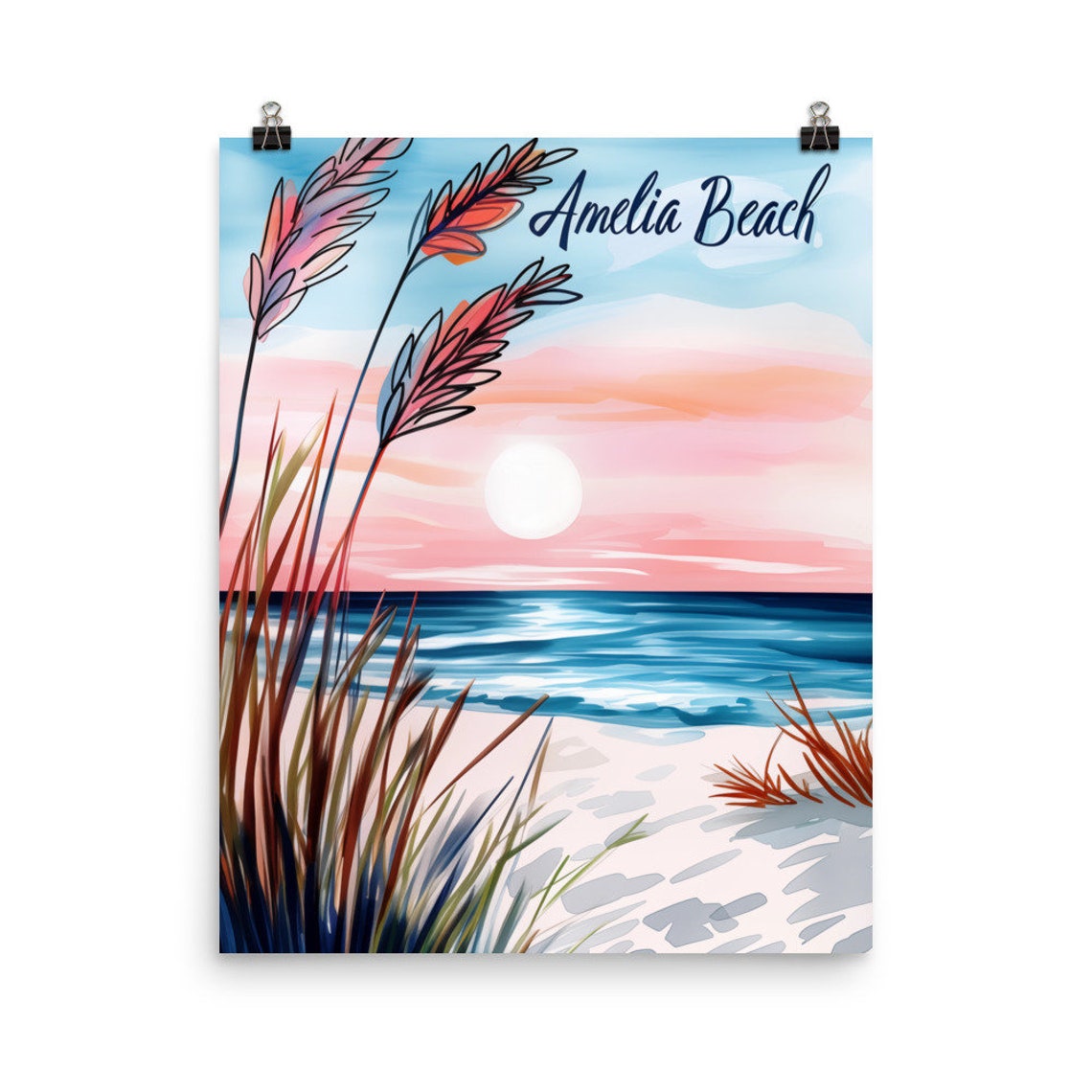 Amelia Beach Sunset Watercolor Coastal Travel Poster Artwork