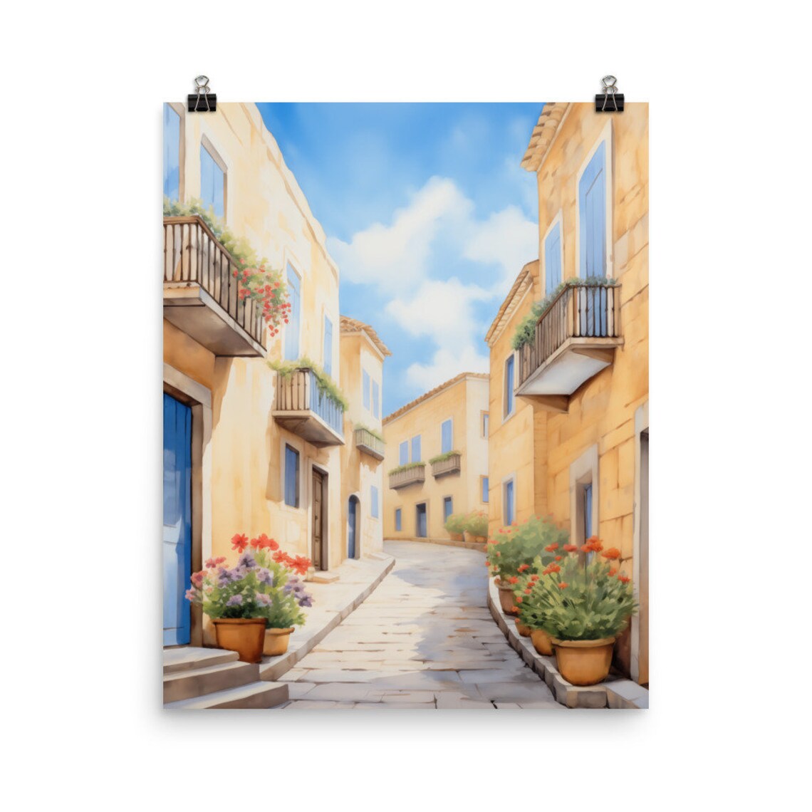 Ragusa Sunlit Stone Street with Flowering Balconies Watercolor Poster