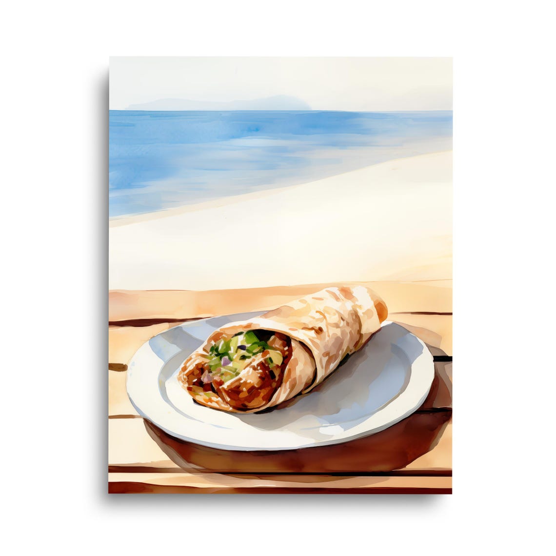 Greek Gyro Wrap Watercolor Print Beachside Plate Mediterranean Art