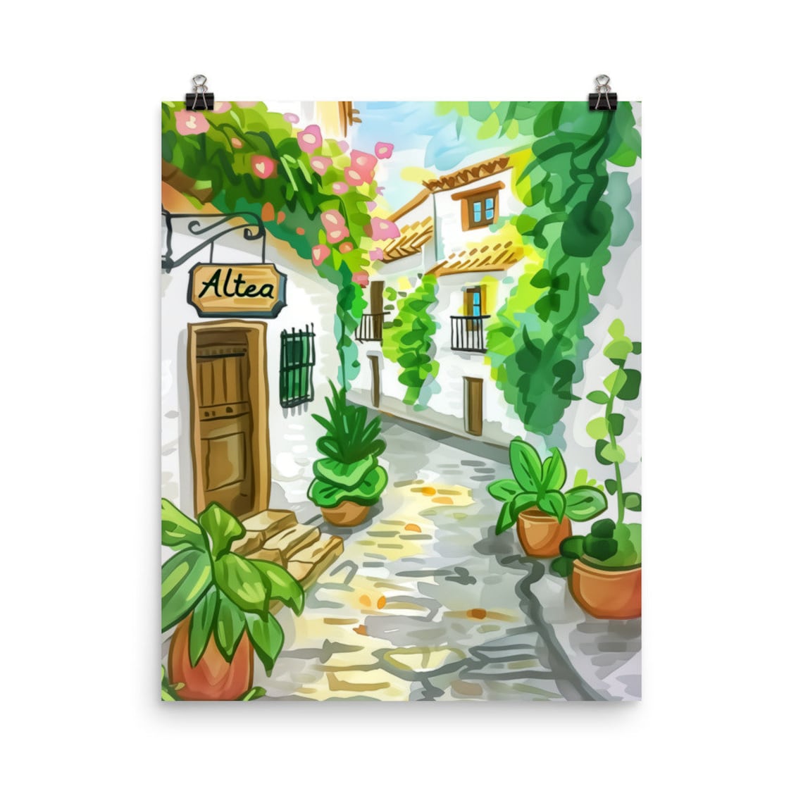 Altea Spain Old Street Bougainvillea Watercolor Travel Art Poster