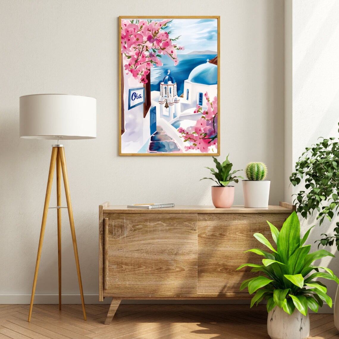 Oia Santorini Blue Domes and Pink Bougainvillea Watercolor Poster - Image 2