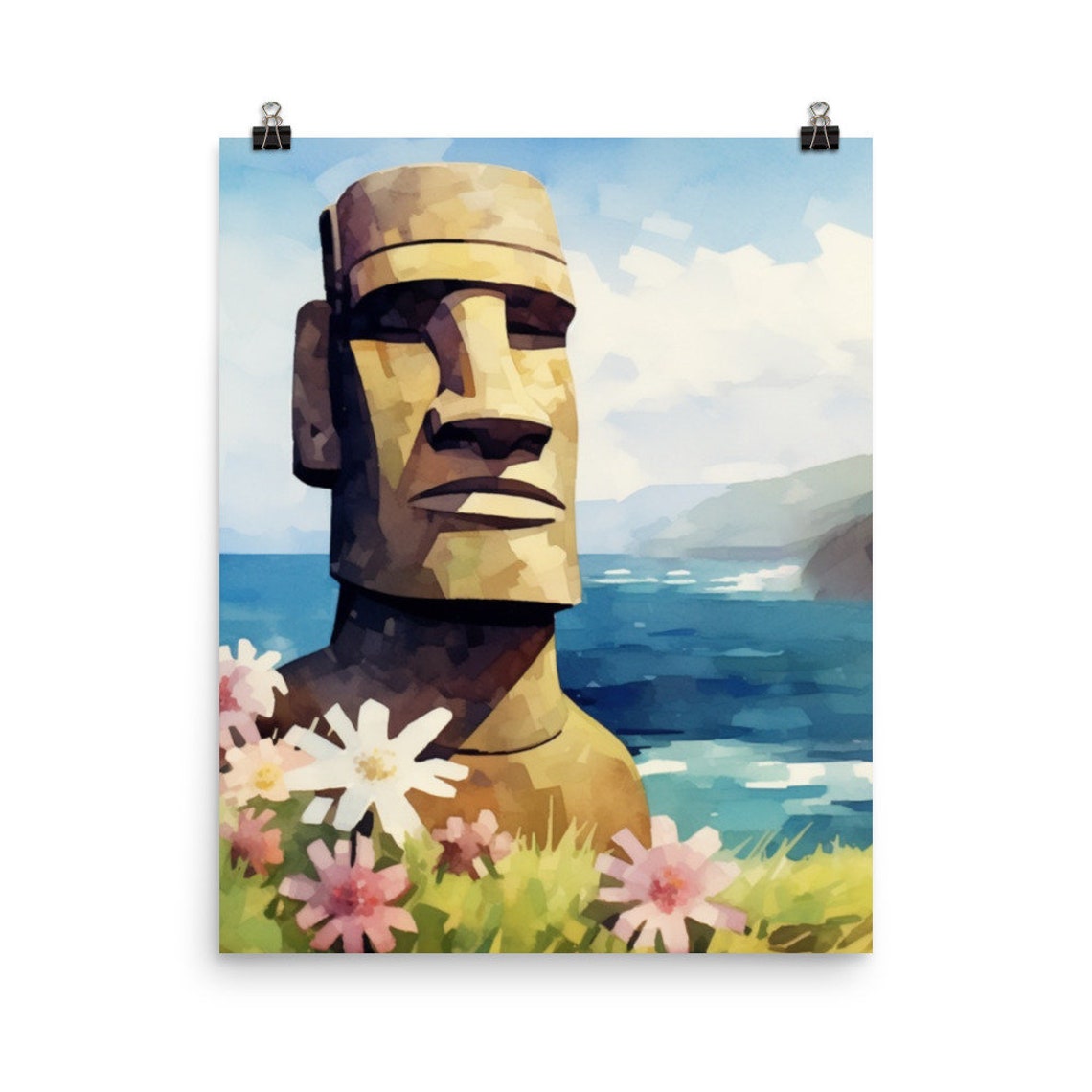 Easter Island Moai Statue Watercolor Rapa Nui Landmark Poster