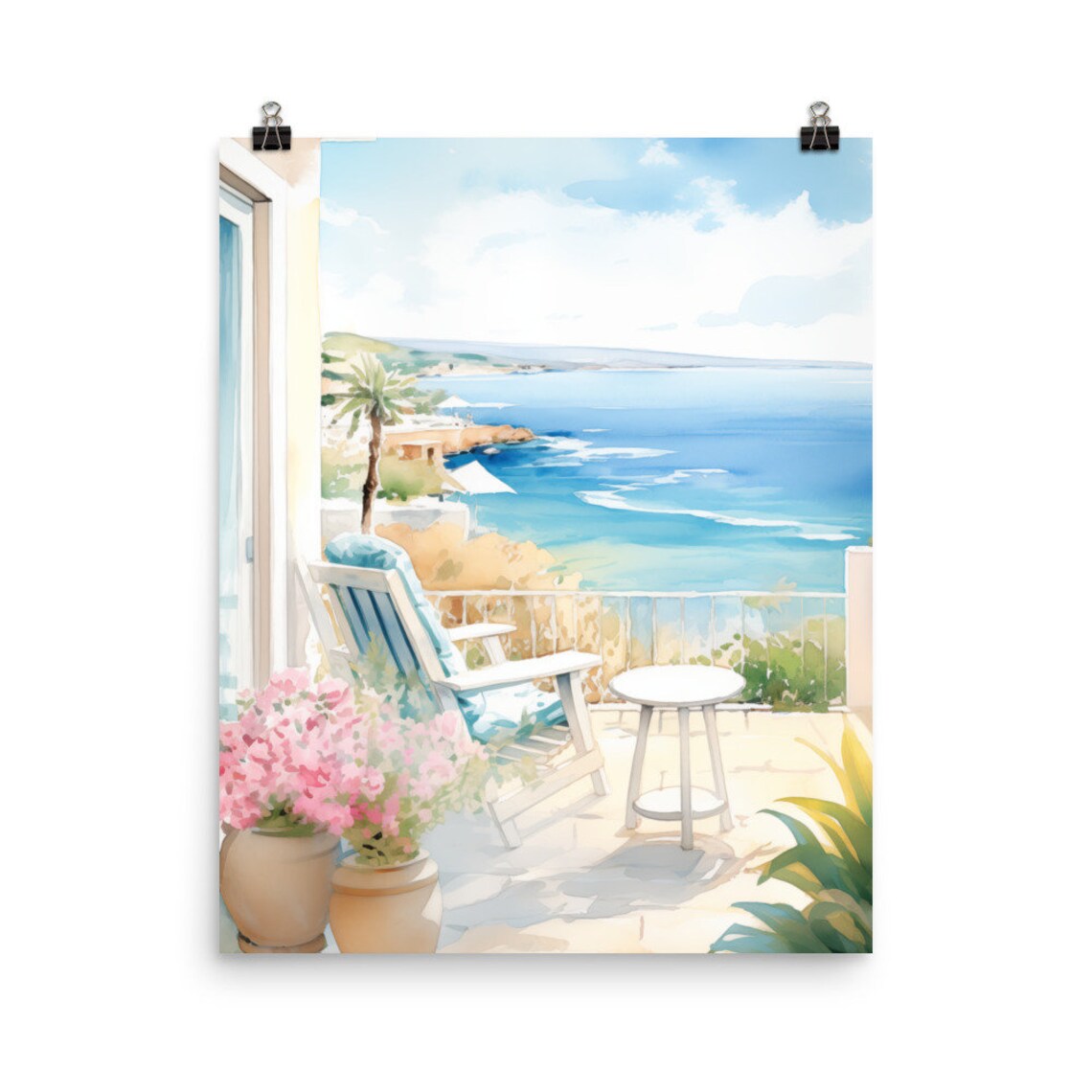 Cyprus Watercolor Seaside Poster, Mediterranean Coast