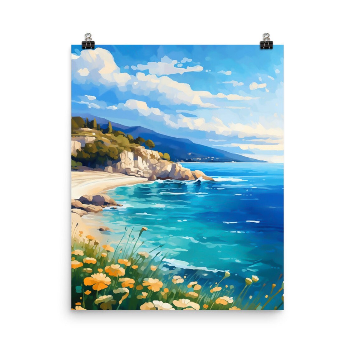 Thassos Turquoise Bay with Yellow Wildflowers Watercolor Poster