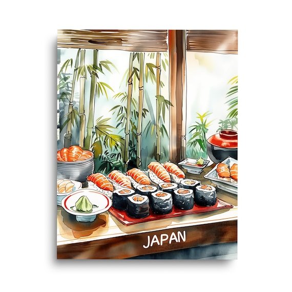 Japanese Sushi Feast Watercolor Bamboo Tea House Kitchen Poster