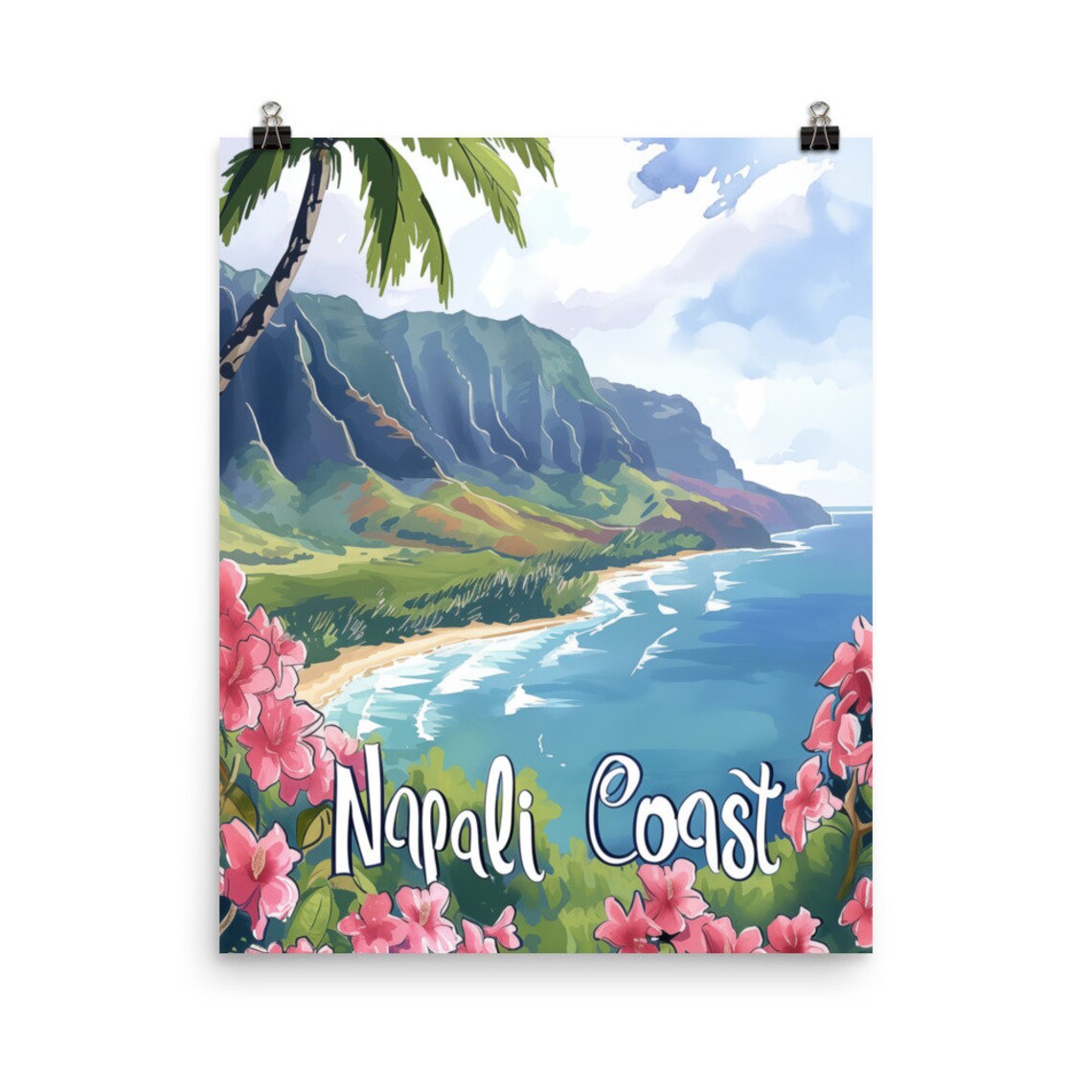 Napali Coast Kauai Green Cliffs Hibiscus Bloom Travel Poster