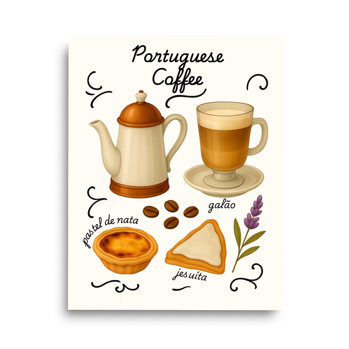 Portuguese Coffee Teapot And Galão Watercolor Illustration Poster