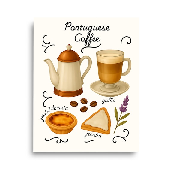 Portuguese Coffee Teapot And Galão Watercolor Illustration Poster