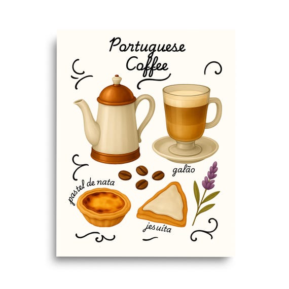 Portuguese Coffee Watercolor Print Portugal Wall Art Artwork Cafe Poster Kitchen Decor Lisbon Food Foodie Gift