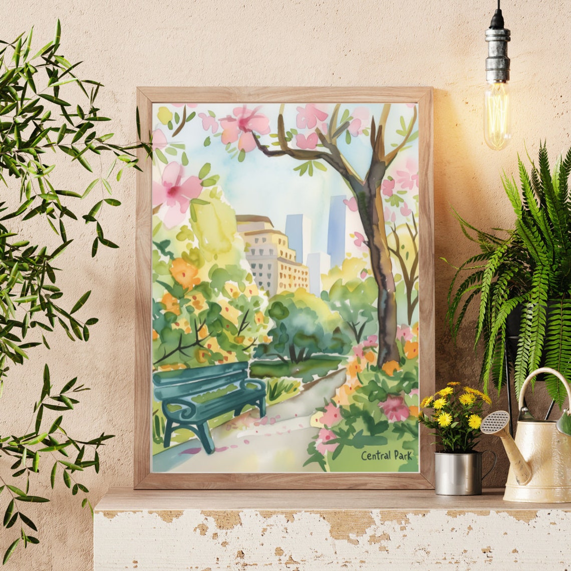 Central Park Spring Bench Blossom Garden Scene Watercolor Poster - Image 3