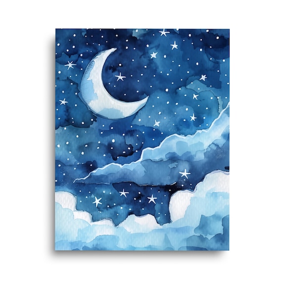 Crescent Moon And Stars Night Sky Watercolor Celestial Nursery Poster