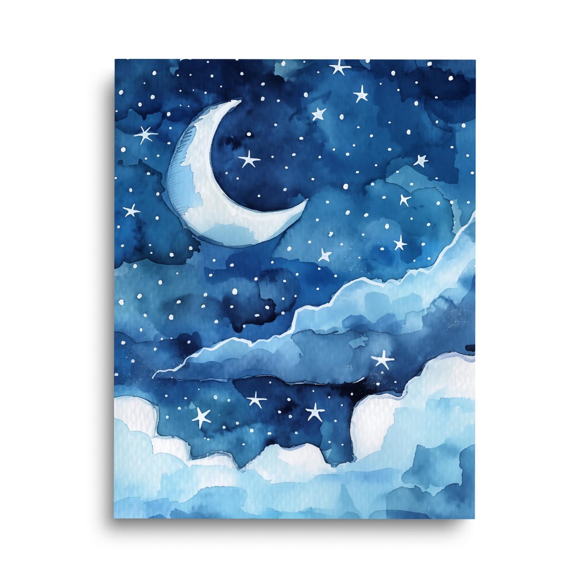 Crescent Moon And Stars Night Sky Watercolor Celestial Nursery Poster
