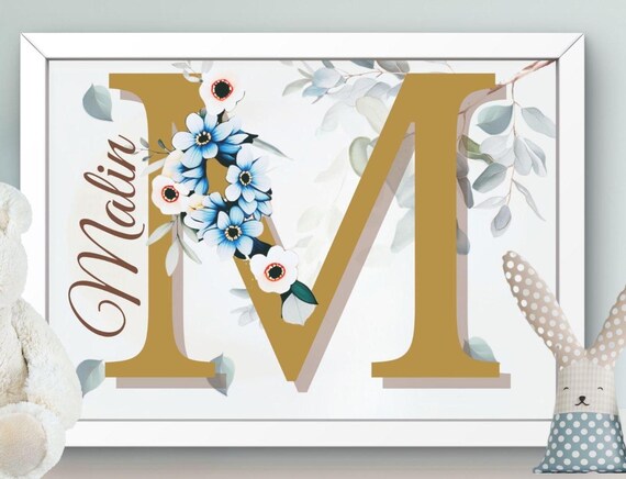 Malin Floral Letter M Gold Monogram Blue Flowers Nursery Print