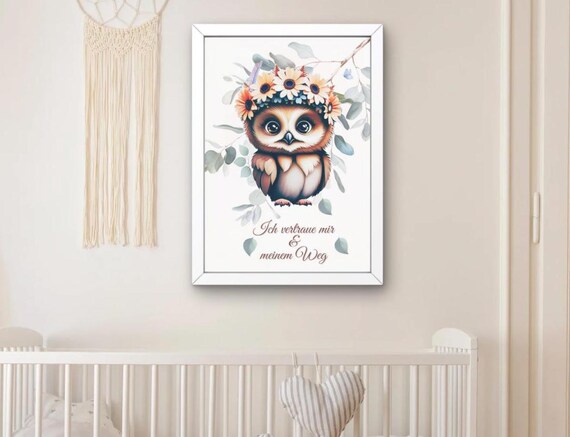 Baby Owl Flower Crown Watercolor Nursery Affirmation Wall Art