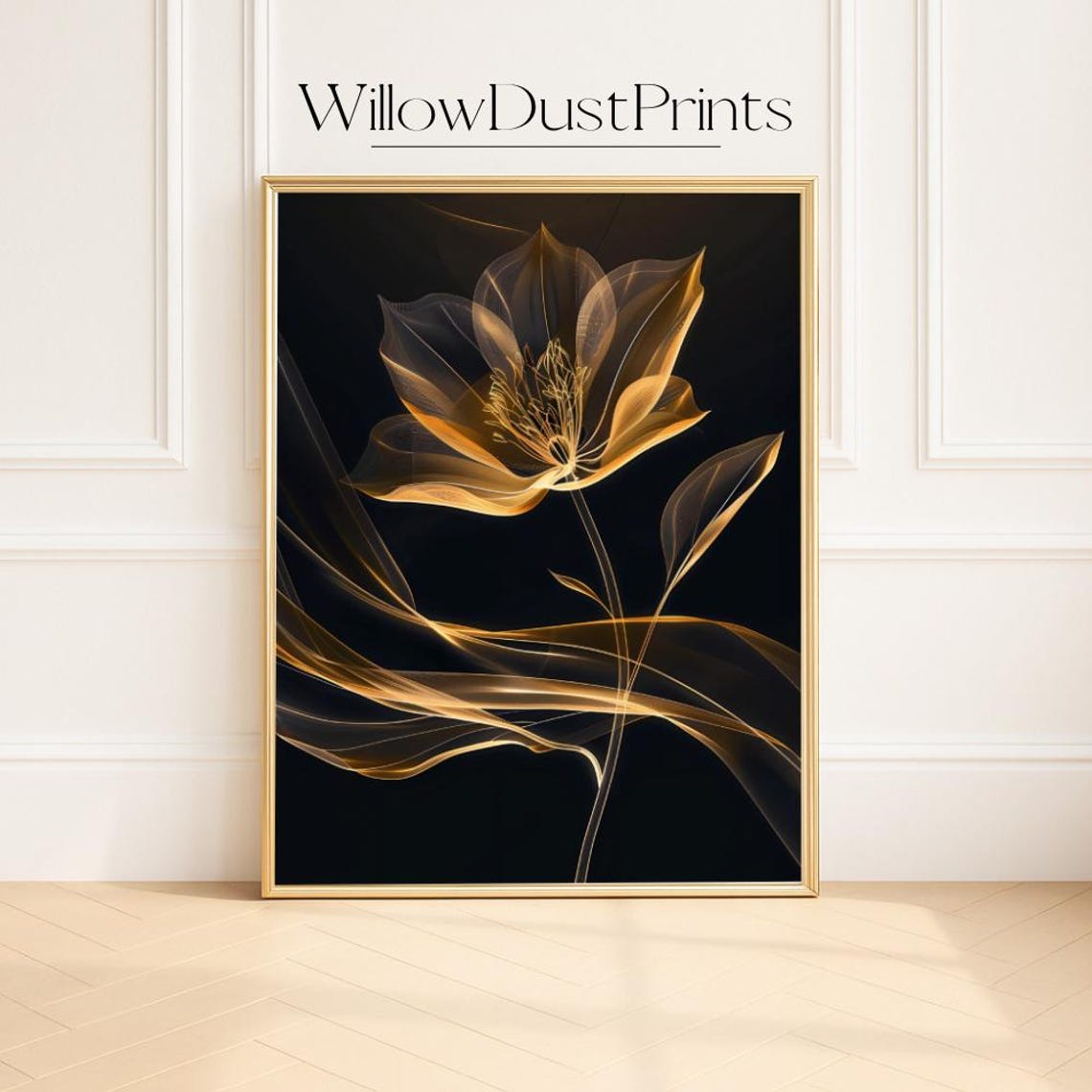 Amber Golden Flower With Flowing Silk Ribbons On Black Poster