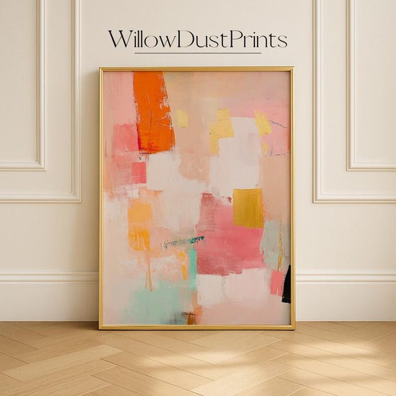 Blush Pink Abstract Wall Art Peach Gold Modern Geometric Print Soft Minimalist Vertical Artwork Contemporary Living Room Gift