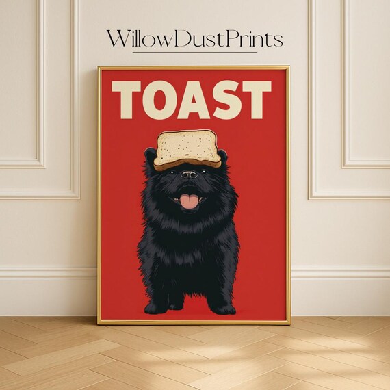 Funny Dog Wall Art Fluffy Black Pup With Toast On Retro Poster For Kitchen Office Or Dorm Decor Quirky Pet Lover Gift