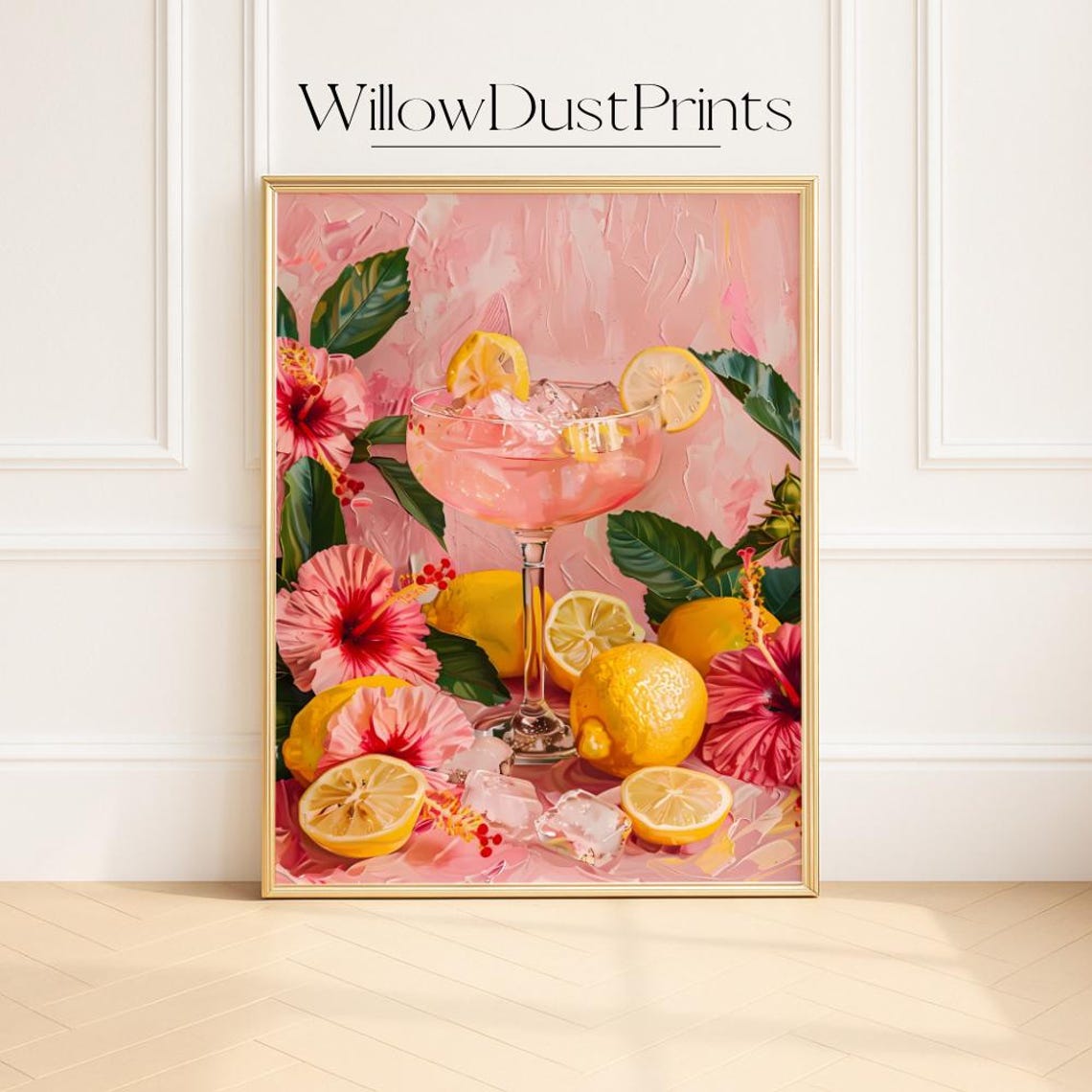 Pink Lemonade Coupe Cocktail With Lemons Hibiscus Summer Poster