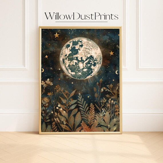 Celestial Moon Starry Sky Botanical Gold Flowers Night Wall Decor Poster