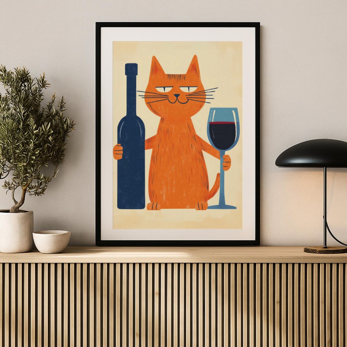 Bar Cart Decor Cat Poster Wine Print Modern Trendy Wall Art Cheers Quirky Kitchen Funny And
