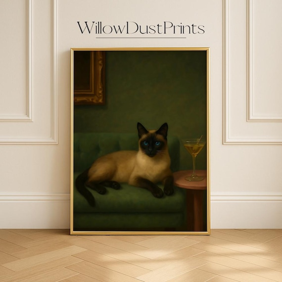 Siamese Cat Lounging Green Velvet Couch Martini Glass Moody Oil Poster