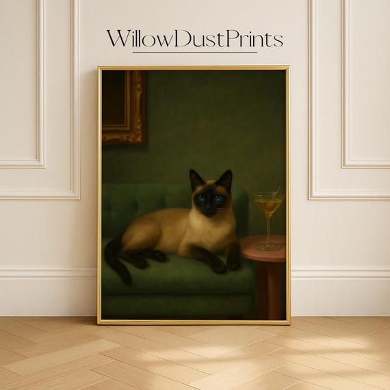 Siamese Cat Wall Art Vintage Portrait With Glass Elegant Feline Decor Mid Century Modern Dark Academia Gift Poster