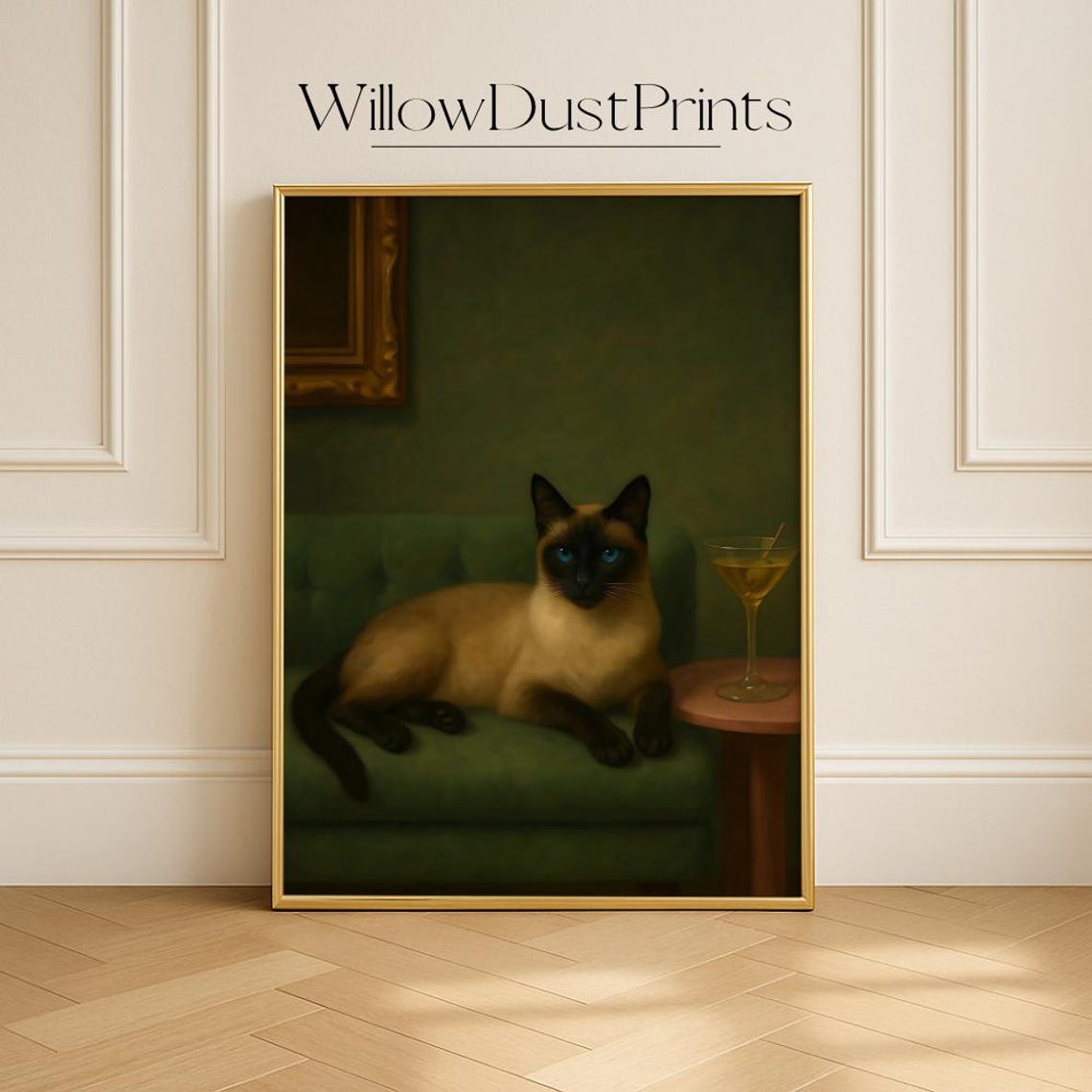 Siamese Cat Lounging Green Velvet Couch Martini Glass Moody Oil Poster