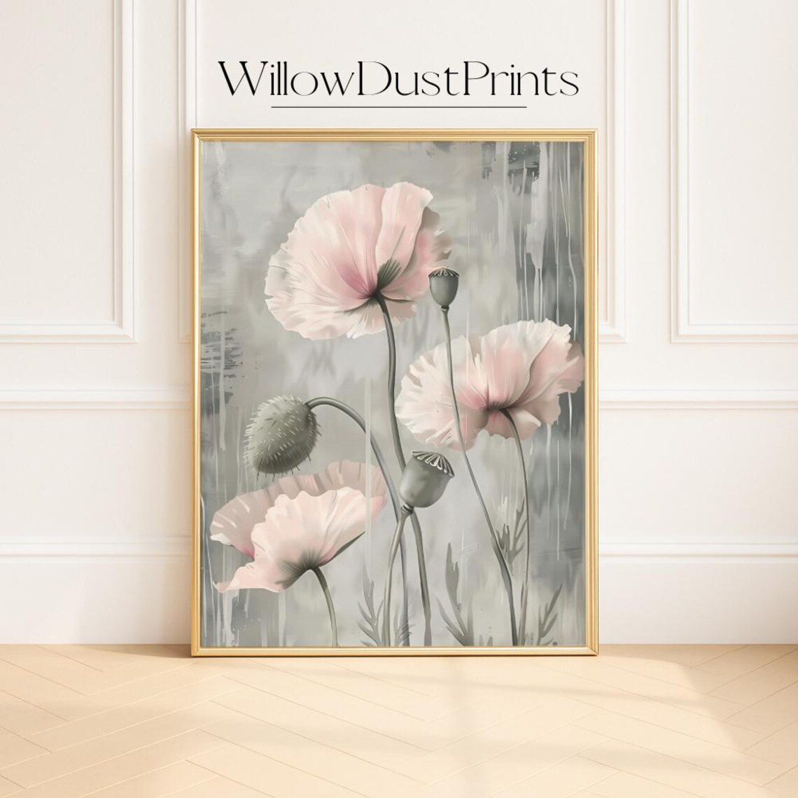 Soft Blush Pink Poppy Flowers Elegant Botanical Watercolor Poster