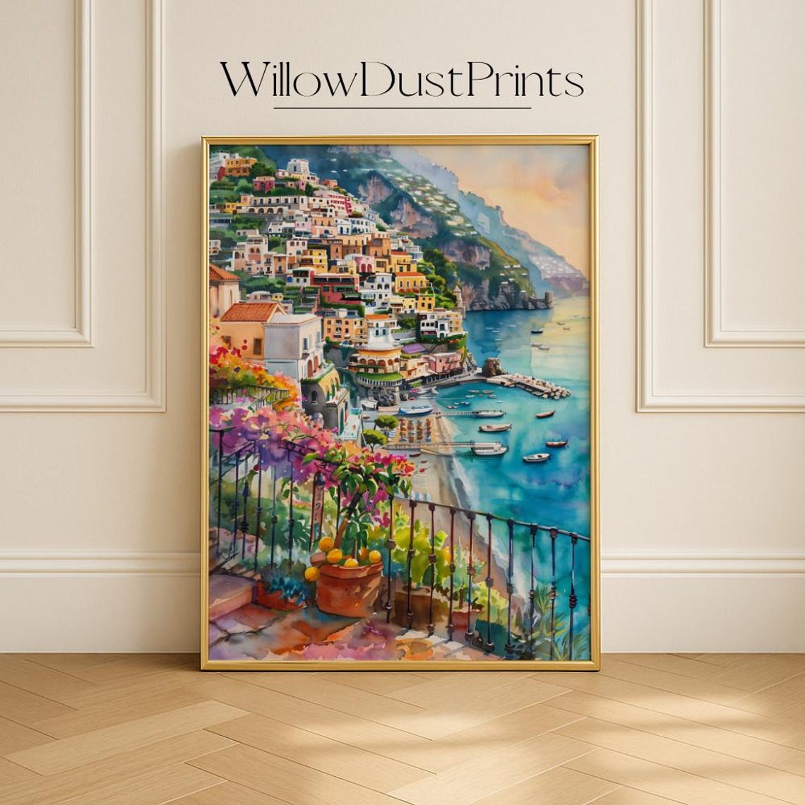 Positano Italy Watercolor Travel Poster, Mediterranean Coast