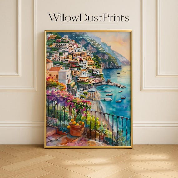 Positano Italy Watercolor Travel Poster, Mediterranean Coast