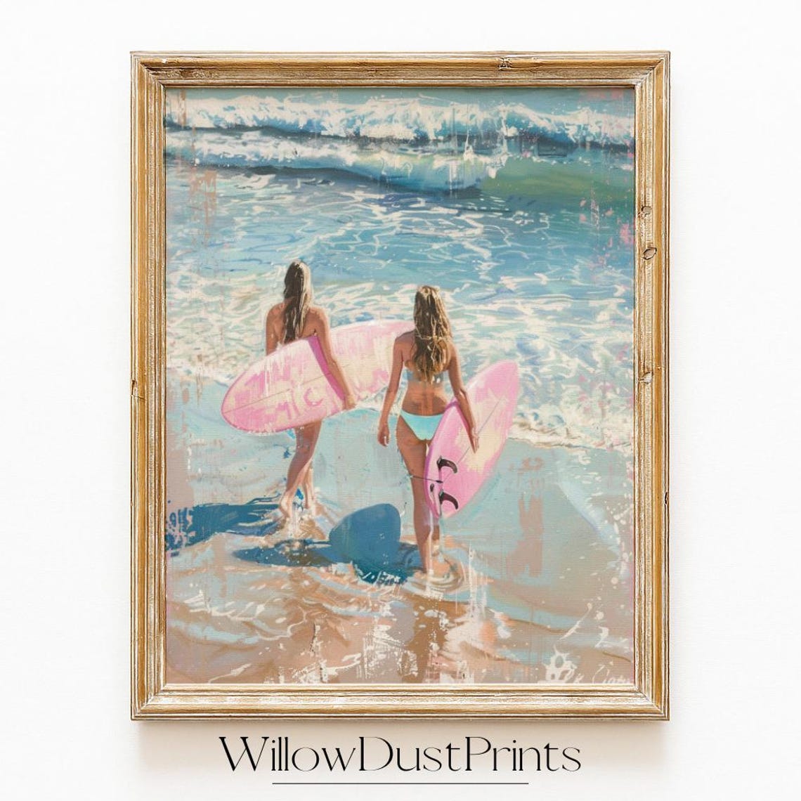 Two Surf Girls with Pink Surfboards Ocean Waves Beach Poster