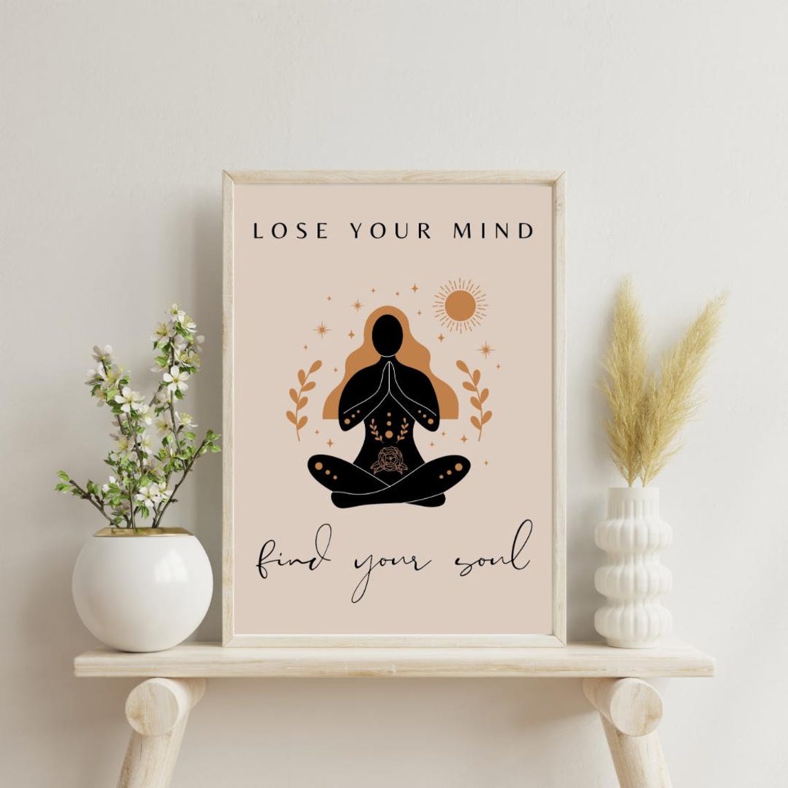 Lose Your Mind Find Your Soul Beige Meditation Silhouette Poster - Image 2