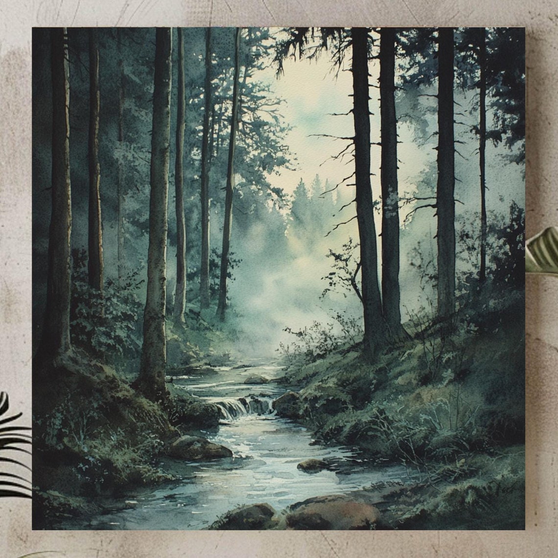 Misty Forest Stream Wall Art Forest Wall Art Ready To Hang Decor Large Nature Art Green Wall Art Above Bed Art
